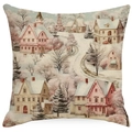 Christmas pillow cover with vintage winter snow town illustration and cozy houses - YMD511-5 (European Snowy Village)