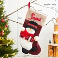 Snowman Christmas stocking 55cm, red plush fabric with Snow embroidery and plaid scarf - Suspenders Snowman Stocking