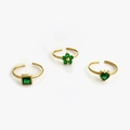 Three-piece gold adjustable ring set featuring emerald green square, flower, and heart gems - Adjustable Open / Green Heart Square Flower 3-Piece Set
