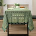 Green luxury tablecloth with geometric patterns and dark green fringe tassel edges - Green Crochet Diamond