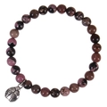 Detail of pink zebra jasper beads and silver ladybug charm on 6mm elastic bracelet - Black Line Rhodonite Bracelet (Ladybug)