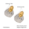 Detailed view of two-tone stainless steel earrings with gold oval and silver fan drop - Shell Shape Style (YYE023504-M)