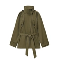 Army green stylish mid-length windbreaker jacket with stand collar and waist belt - XS / Army Green