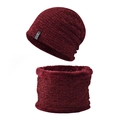 Detail view of burgundy knitted beanie and neck warmer with thick warm fleece lining - Wine Red Set