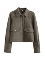 Dettaglio del colletto a rever e bottoni in metallo su una giacca in tweed - Taglia S / Top / Verde militare