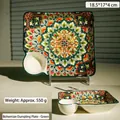 Bohemian ceramic dumpling plate with dipping sauce compartment in green mandala pattern - Bohemian Dumpling Plate / Green