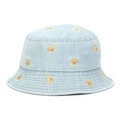 Close-up of light blue denim bucket hat featuring detailed cute bear embroidery patterns - 50cm (Recommended 1-3 Years) / Bear - Light Blue