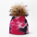 Detail of tie-dye knit beanie with thick ribbed texture and fluffy faux fur pom pom - 5#-Pink Black and White Tie-Dye Style
