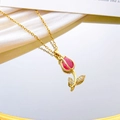 Elegant gold tulip necklace with pink cat eye stone pendant and leaf details - Rose Red Cat Eye Necklace / Gold