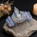 Detail view of a crescent moon hair comb with raw blue and purple crystals on stone - Pink Blue Crystal + Hollow Moon + Rhinestone Pearl Flower