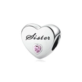 Detailed view of silver heart bead charm with Sister engraving and pink gemstone - Sister