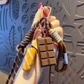 Chocolate bar and baguette bread keychain with dark brown braided rope and metal buckle - Pretzel-Baguette + Chocolate