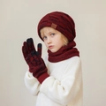 Winter 3-delige kinderset met rood-zwart geblokte gebreide muts, sjaal en handschoenen - 3-Delige Set (Muts + Sjaal + Handschoenen) / Bordeauxrood