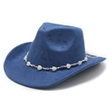 Close-up of a blue suede cowboy hat featuring a bohemian heart bead decorative band - M (56-58cm) / Navy Blue Suede