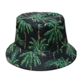 Close-up of tropical palm tree print and stitching detail on a black cotton bucket hat - M (56-58cm) / Black