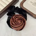 Elegant velvet rose hair scrunchie in vintage brown and black colors for ponytails - Brown