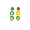 Long gold dangle earrings featuring irregular green and red resin pebble inserts - One Size / Colorful Gem Metal Earrings