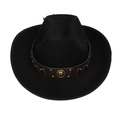 Detail of wool western cowboy hat featuring brown leather band with gold studs and badge - 106-Black