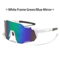 Detail of white cycling sunglasses with large green mirrored wrap-around lens - White Frame Green Mirror