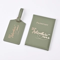 Green PU leather travel set with gold stamped passport cover and matching luggage tag - Avocado Green