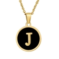 Collier en acier inoxydable plaqué or 18 carats avec pendentif en émail noir J - Initiale J