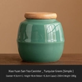 Mini turquoise ceramic tea canister with wooden lid and size dimensions displayed - Small Yuan San Jar - Turquoise Green