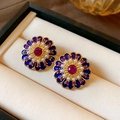 Vintage gold-rimmed earrings with deep blue enamel petals and rose red gemstones - Dark Blue Enamel Rose Ruby Silver Needle Style (22#)