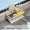 White double-layer kitchen sink organizer with cloth hanger and drainage tray, 23x9x25cm - Carbon Steel / Luxury Anti-slip High Double Bar / White