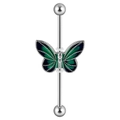 14G industrial barbell with green and black butterfly butterfly in stainless steel - 1.6X38X5X5mm / Dark Green