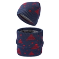 Navy blue winter knitted hat and scarf set with red cedar tree pattern and fleece lining - Navy Blue