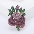 Spilla elegante a forma di rosa viola con cristalli e foglie verdi per sciarpe - Viola