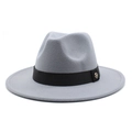 Close-up of black ribbon band with golden M emblem on grey wool fedora hat - M (56-58cm) / Light Gray