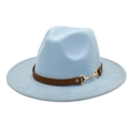Detail of light blue wool fedora featuring a brown leather band and gold horsebit buckle - Sky Blue / M (56-58cm)