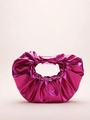 Detailed close-up of metallic purple ruched PU cloud clutch bag with pleated texture - Rose Red