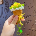 Handmade crochet ice cream cupcake keychain with green bell and yellow bow charm - Sunflower