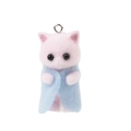 Close-up of pink flocked cat pendant with blue felt cape and top metal ring detail - Blue