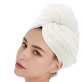 White microfiber hair drying towel turban with twist design shown on female model - Solid Color / 25*65cm / White