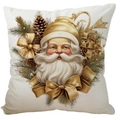 Christmas pillow cover with Santa Claus print, golden accents and pine branch design - 45x45cm Single-sided Linen No Insert / Beige-Santa Claus