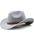 Classic grey-blue western cowboy fedora hat with brown leather belt and gold buckle - M (56-58cm) / Light Gray