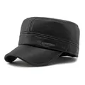 Men's winter faux leather military flat top cap with ear protection in black color - Adjustable / Cracked PU Leather Black