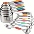 Close-up of stainless steel measuring cups and spoons with colorful silicone handles - 17-Piece Measuring Cup and Spoon Set (Colored)