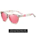 Floral polarized sunglasses with multicolor frame and ocean pink lenses, model C231-P15 - Yellow with Red Flowers / Ocean Pink Lens