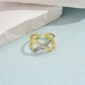 Two-tone adjustable bow ring in gold and silver finish with sparkling zircons - Bow Knot X-Shape Two-Tone Rhinestone Style (JZ0050-5)