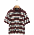 Detail of the knit piqué fabric and contrast striped polo collar on a burgundy shirt - S / Polo Shirt / Brick Red Short Sleeve