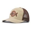 Detail of a fishing outdoors trucker hat featuring a leather marlin patch and mesh back - Beige
