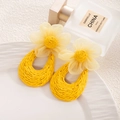 Handmade yellow raffia woven flower earrings with mesh details for a resort style look - Yellow