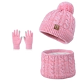 Pink and white knit 3-piece winter set with pompom hat, neck warmer, and touchscreen gloves - Watermelon red