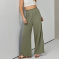 Army green wide-leg linen pants featuring high elastic waist and side pockets - S / Army Green