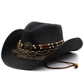 Macro detail of black straw jazz hat with ethnic metal charm and tassel decoration - M (56-58cm) / Black