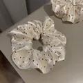 Satijnen scrunchie met polkadots in crème wit en zwart, bloemen kant haarstrik - 5# Witte Stippen - 12 Cm
